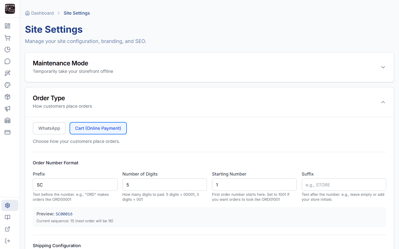 Store settings with domain and branding options