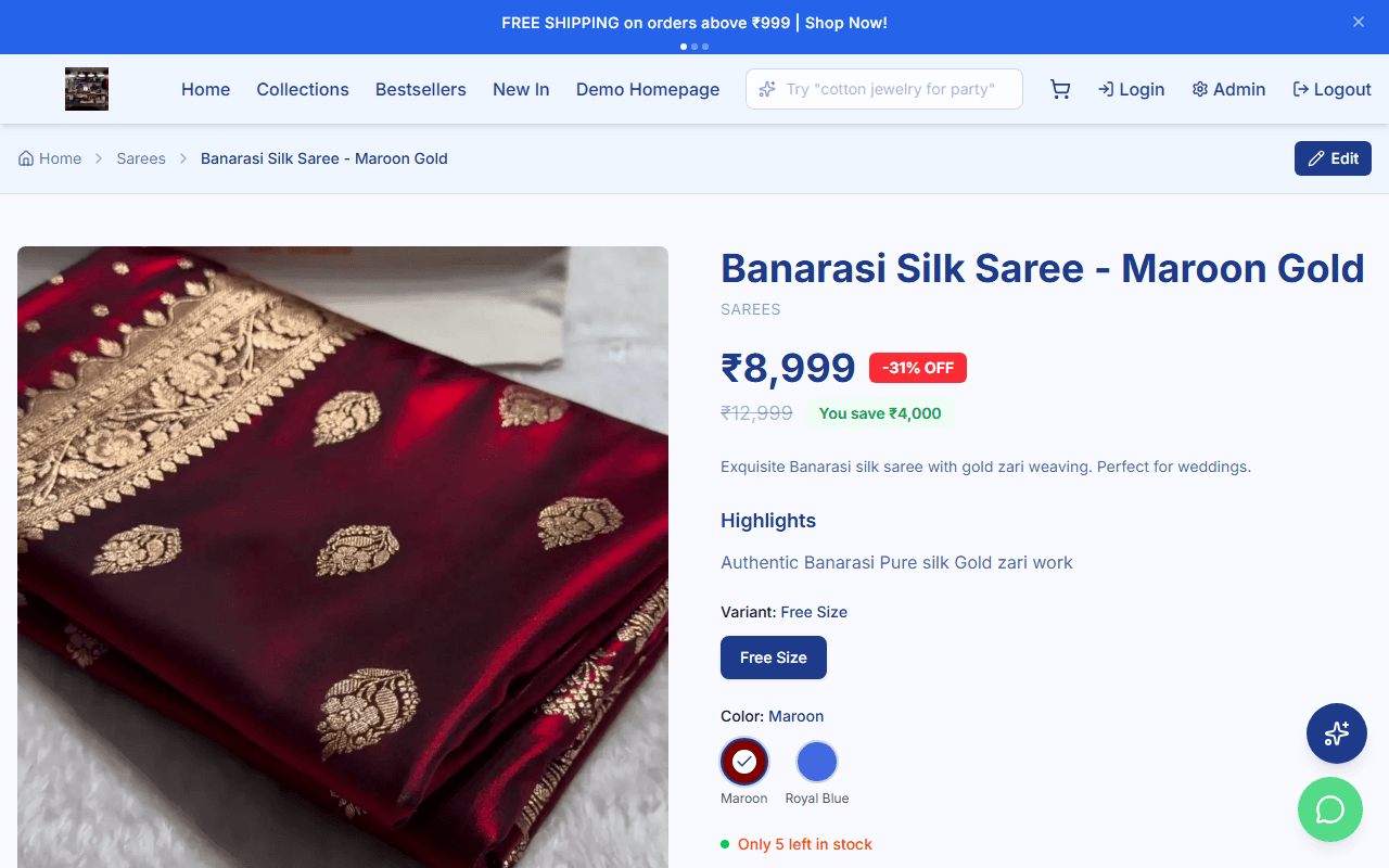 Product detail page with images, variants, and add to cart