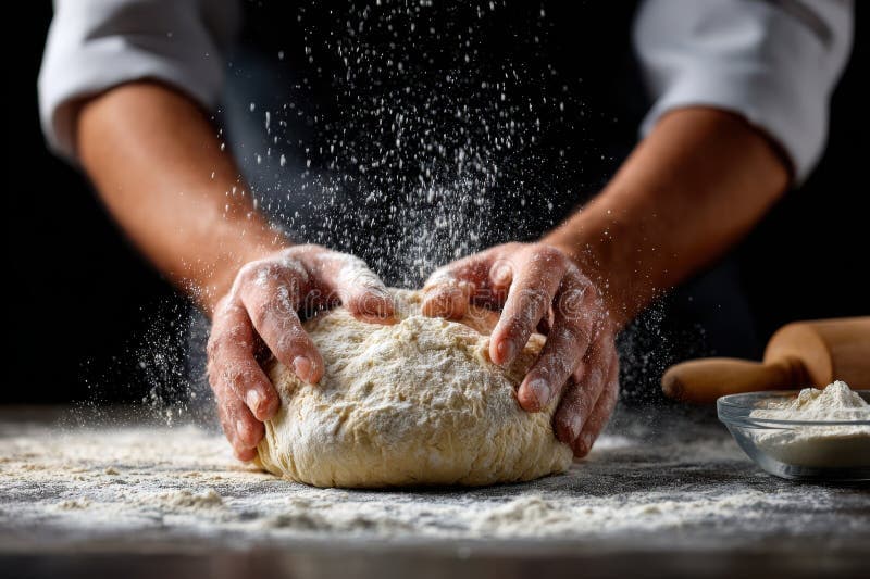 Baker kneading dough with flour