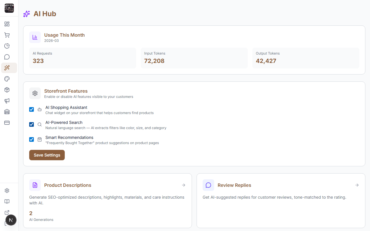 AI tools hub in StoreBase admin panel