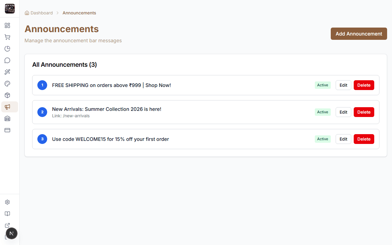 Announcements management page