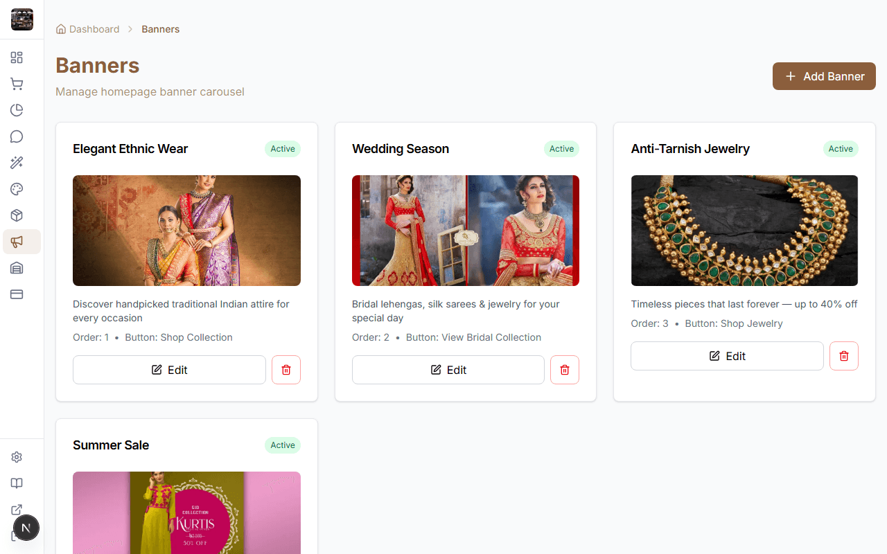 Banner management page in admin
