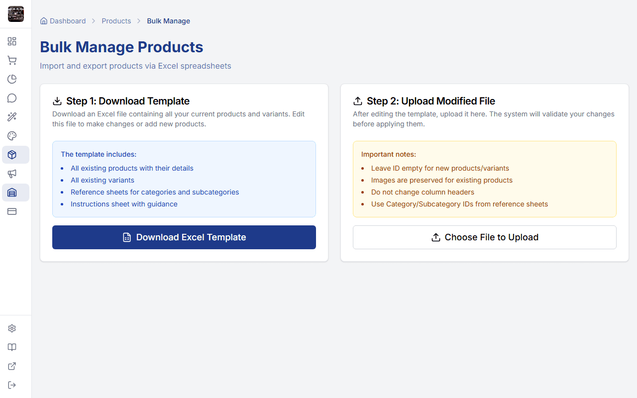 Full bulk import page with template download and validation
