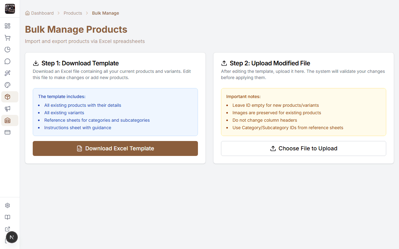 Full bulk import page with template download and validation