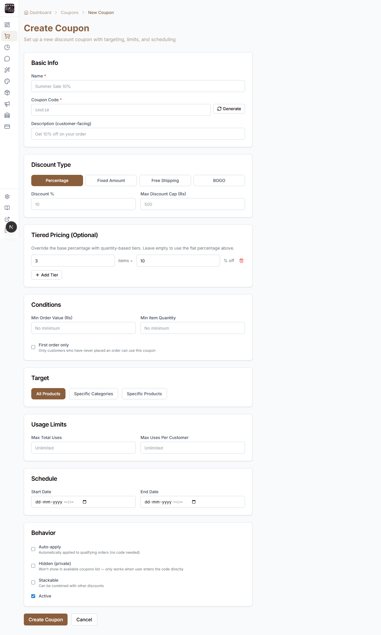 Full coupon creation form with targeting and limits