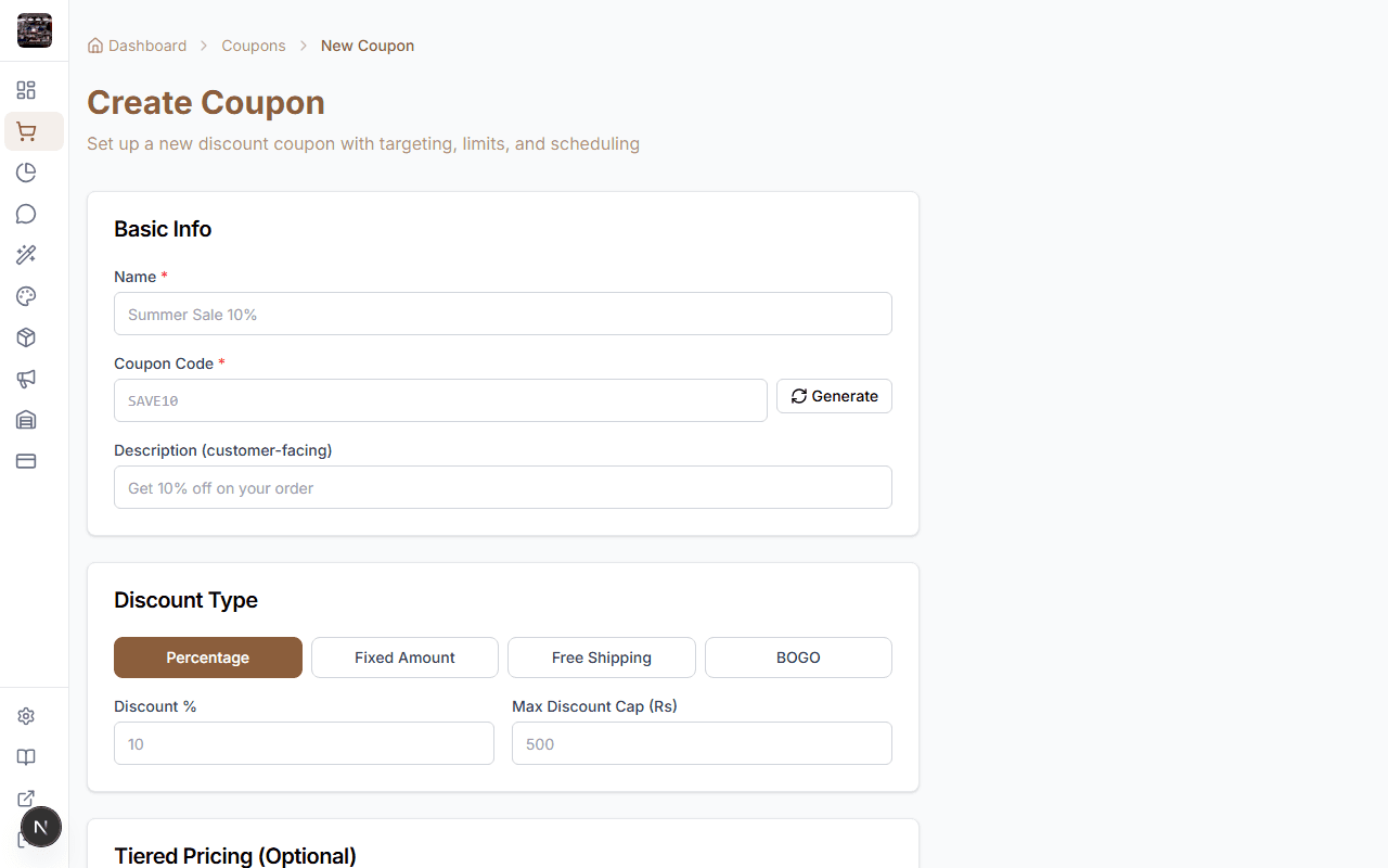 StoreBase coupon creation form with discount types