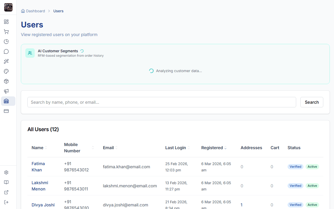 Customer list in StoreBase admin panel