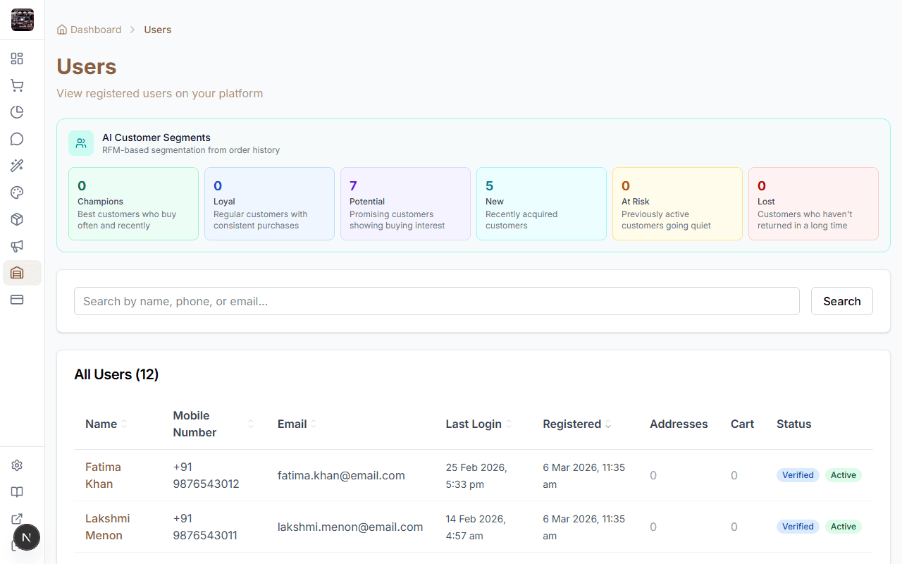 Customer list in StoreBase admin panel
