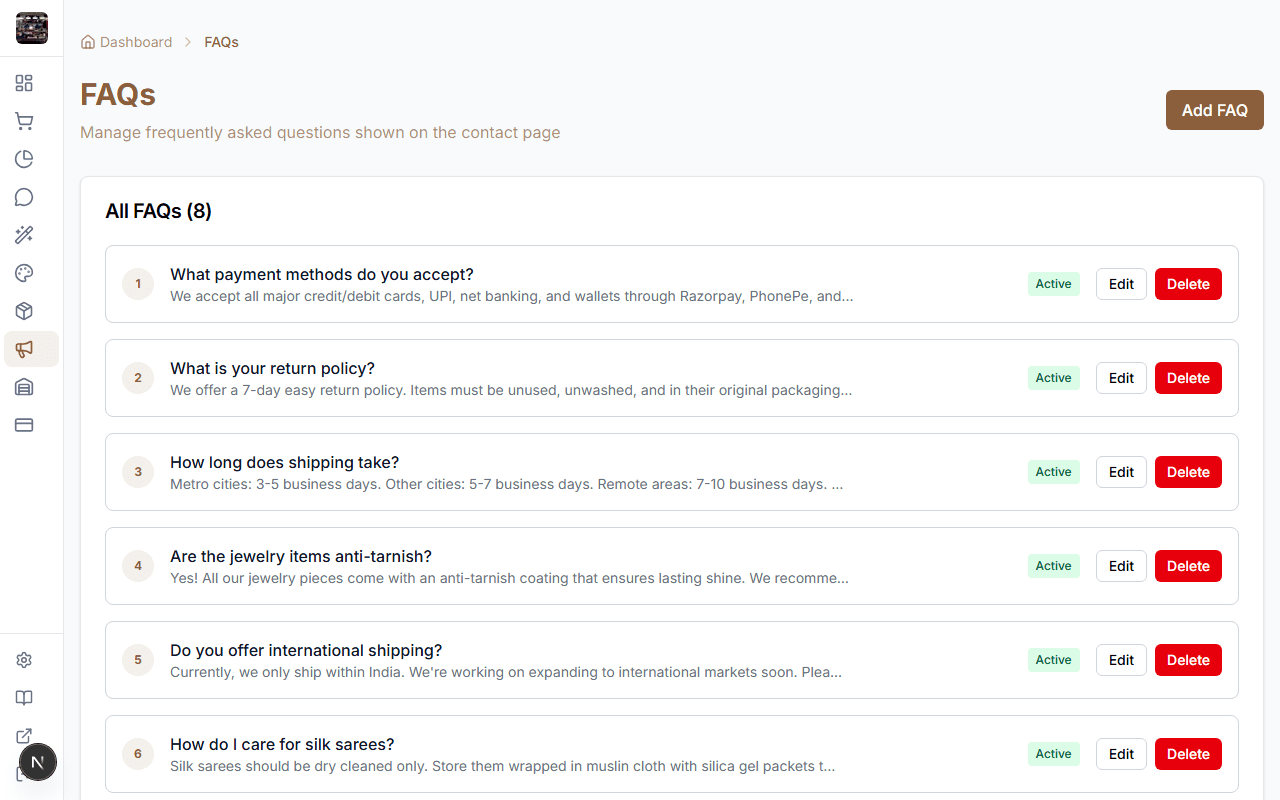 FAQ management page in admin panel