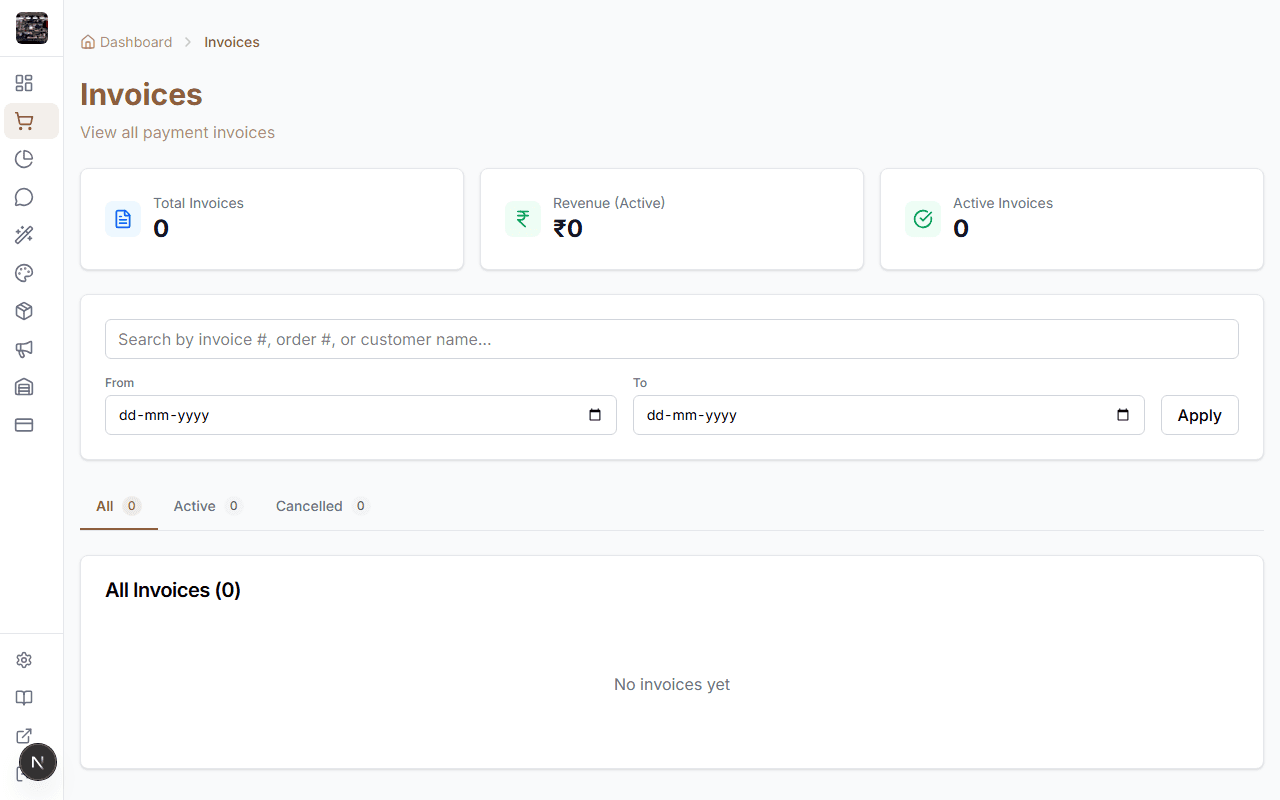 Invoice management page in admin
