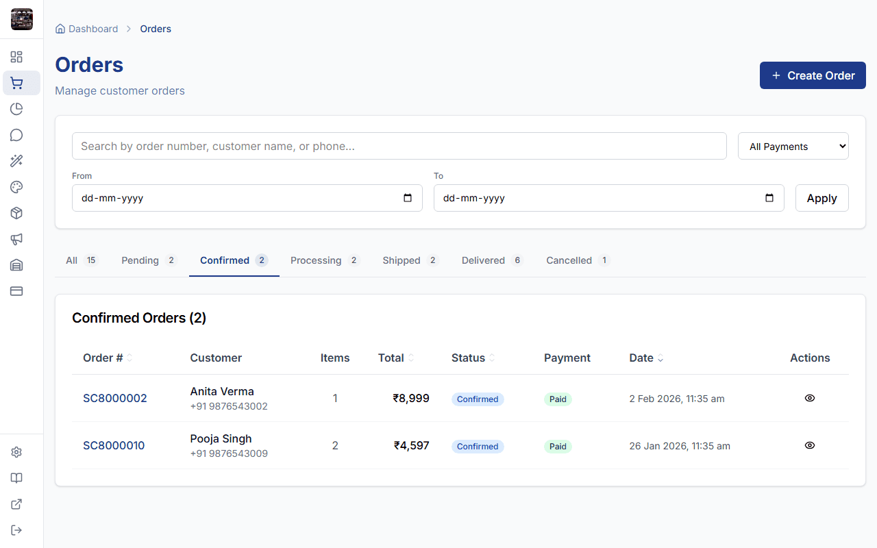 StoreBase orders list showing order status and notifications