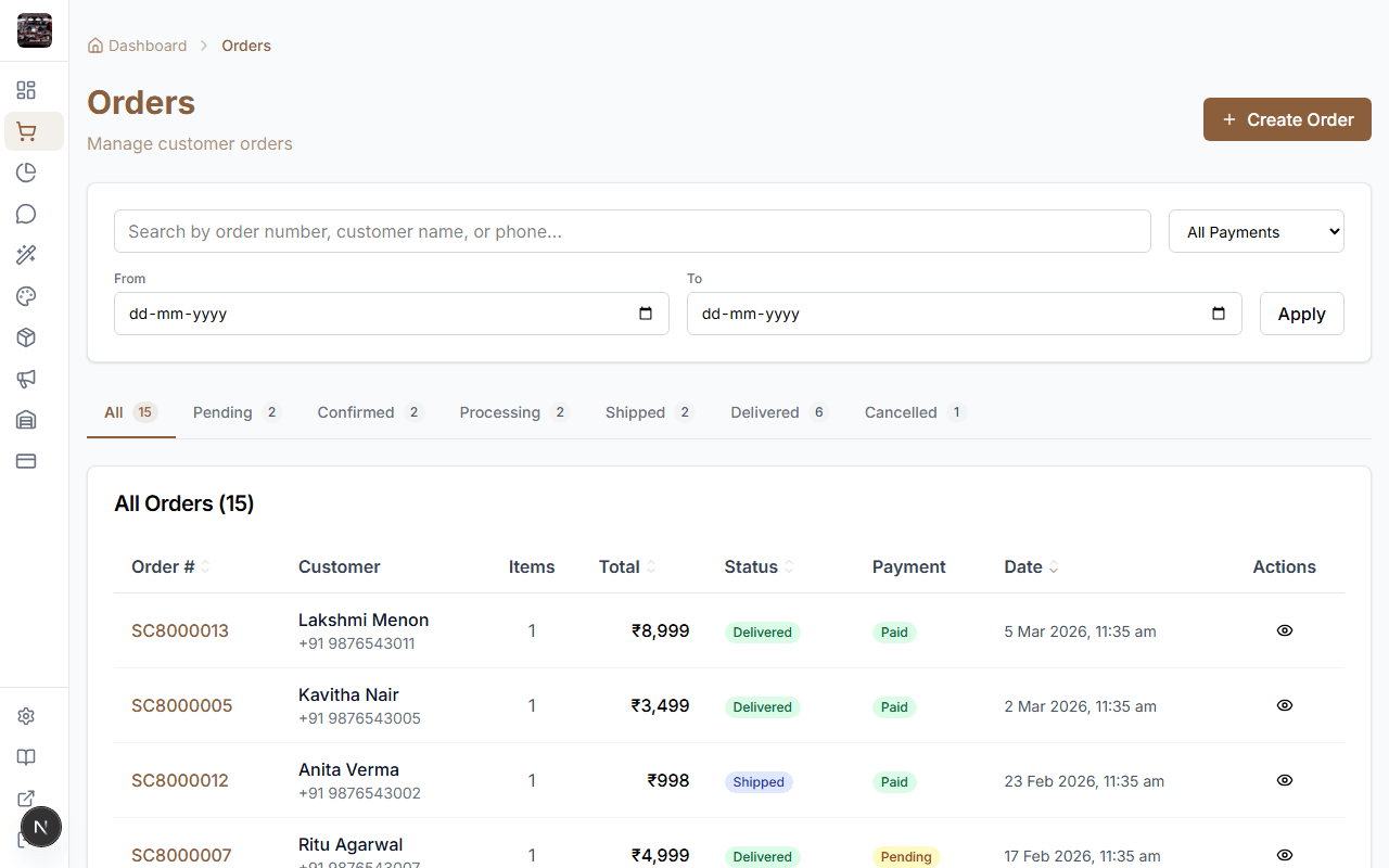 StoreBase orders list showing order status and notifications