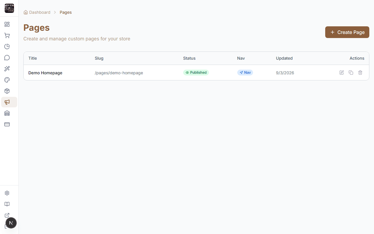 StoreBase custom pages list in admin panel