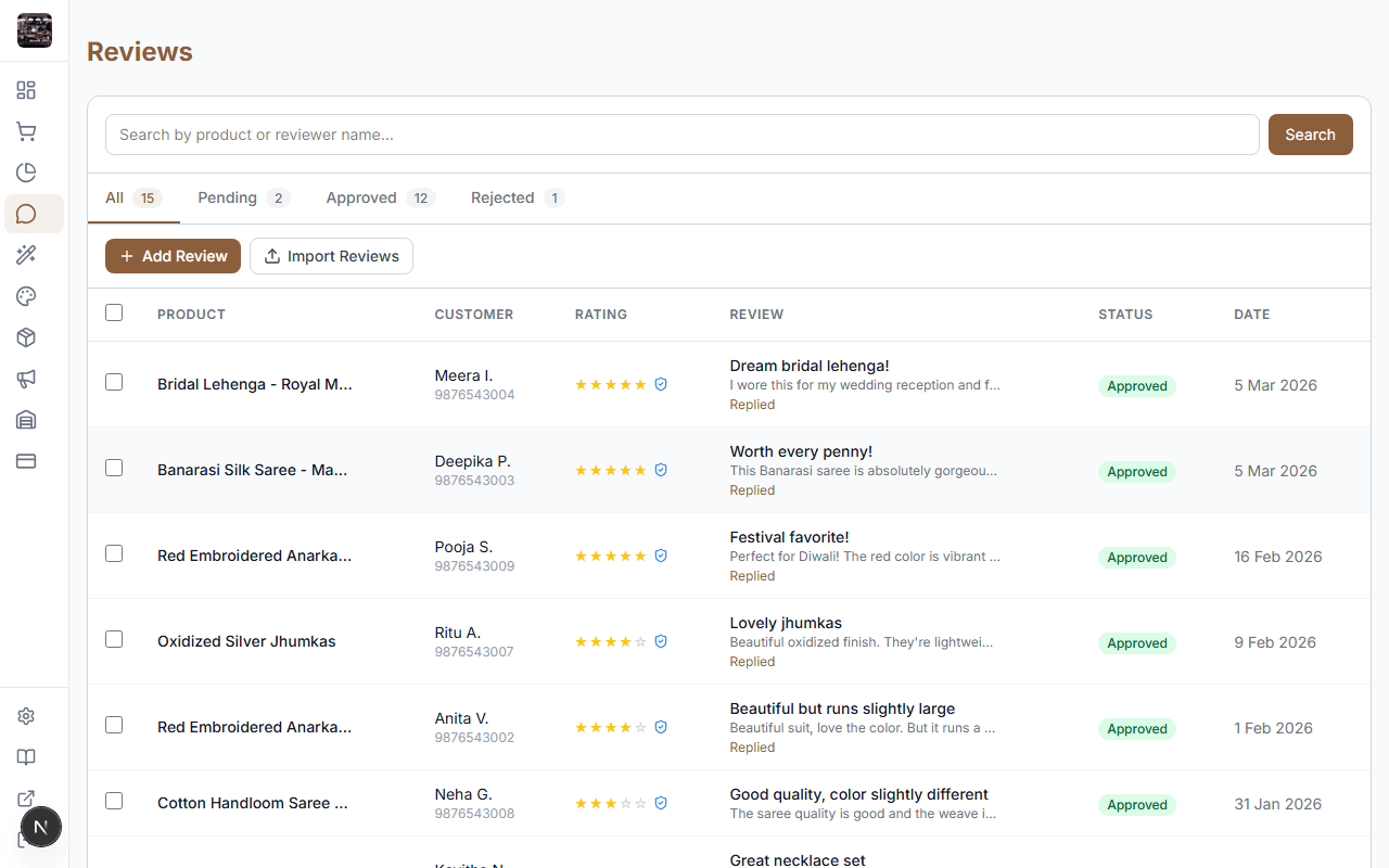 Reviews moderation list with approve/reject actions