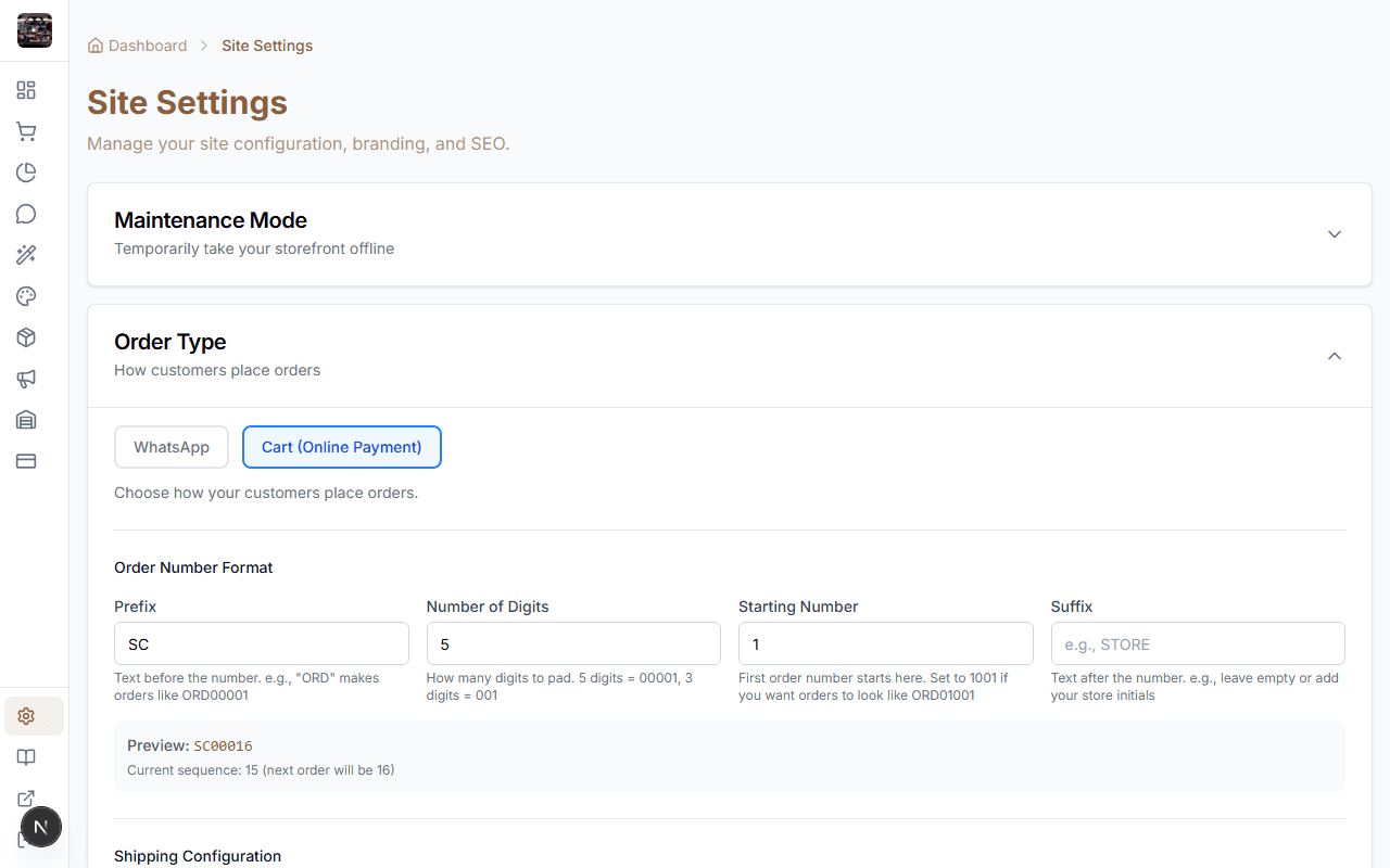 Store settings page with branding options