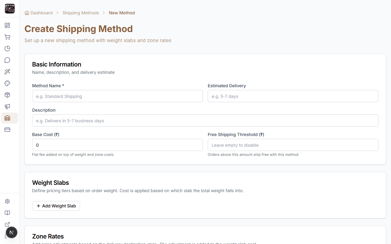 StoreBase shipping method creation with weight slabs