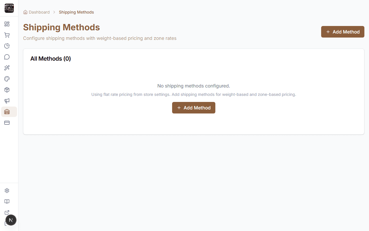 StoreBase shipping methods list