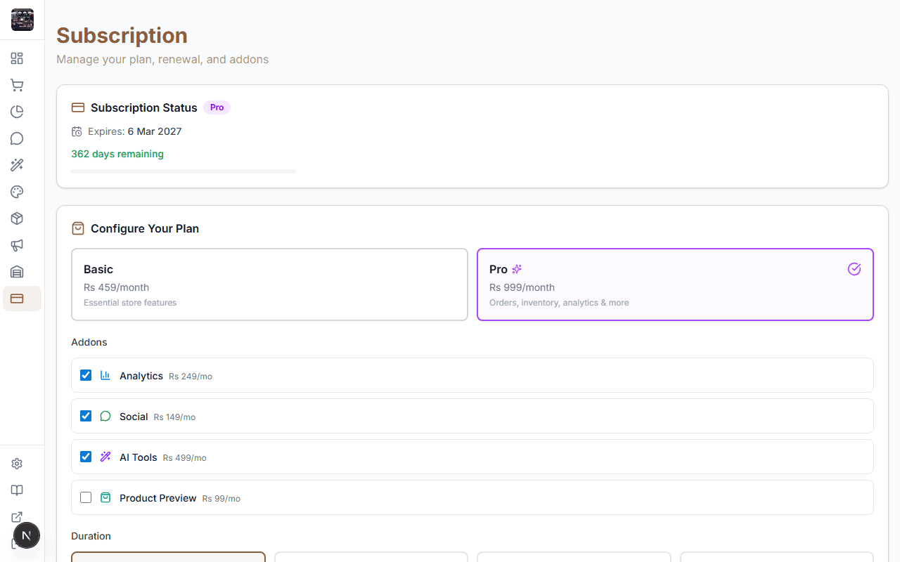 Subscription management page in admin panel