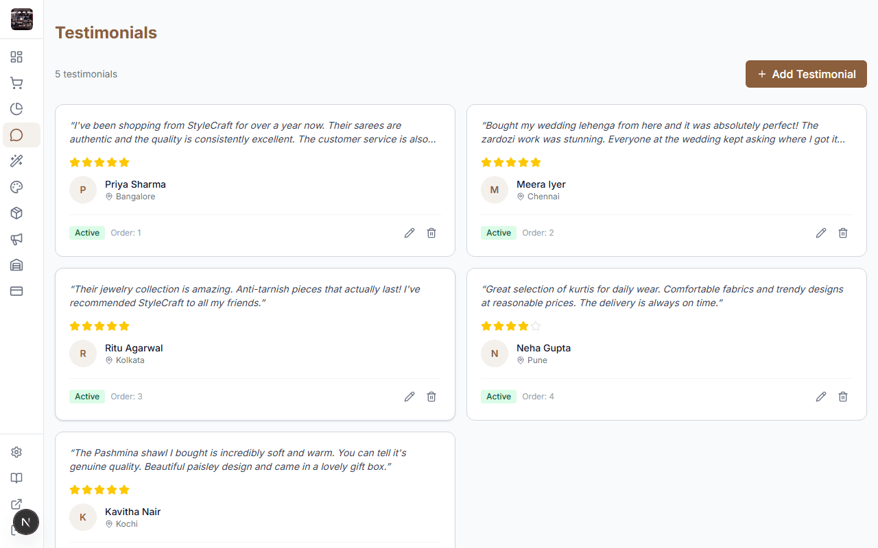 Testimonials management page