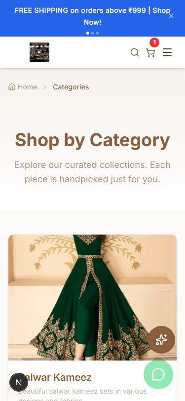 Categories page on mobile