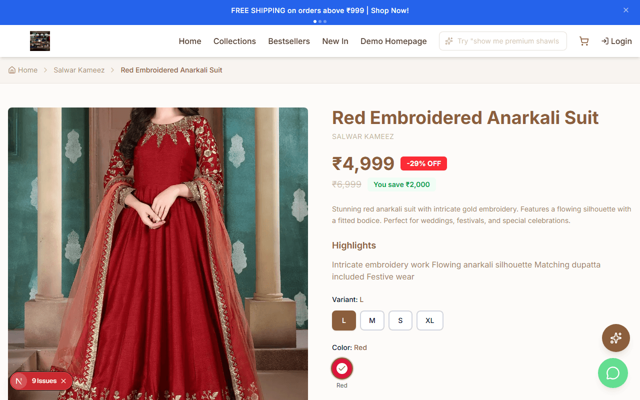 Product detail page with images, variants, and add to cart